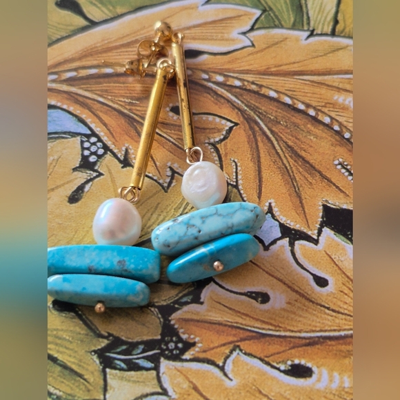 Turquoise and Pearl Drop Earrings - Picture 1 of 4